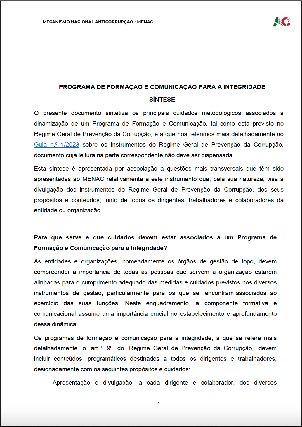 Programa de Formação e Comunicação para a Integridade